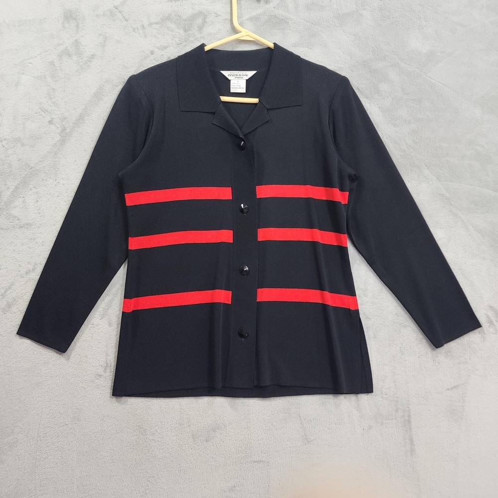 Misook Cardigan Sweater Womens S‎ PETITE Black Red Stripe Collared Button Knit